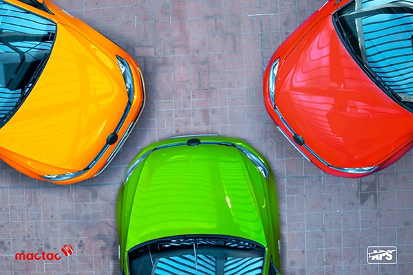 Mactac ColourWrap wrapping films applied onto three cars in full, 3D coloured wraps viewed from above in a circle showing the bonnets in striking glossy yellow, red and bright green colours.