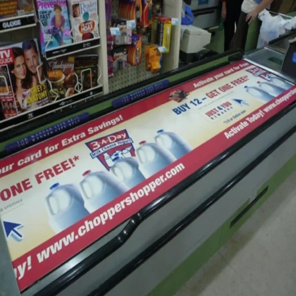 JT 5826 P printed vinyl for self-adhesive applications onto plastisiced banners, used here on a supermarket conveyor belt to advertise in-store promotions.
