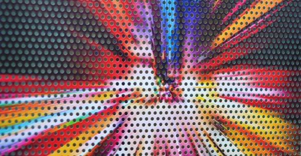 One-way vision vinyl, JT 7300 WG-PB 30, applied onto a glass window with the printed image viewed from a close-range view and while the dot/gap area is visible the graphic print is still dominant.