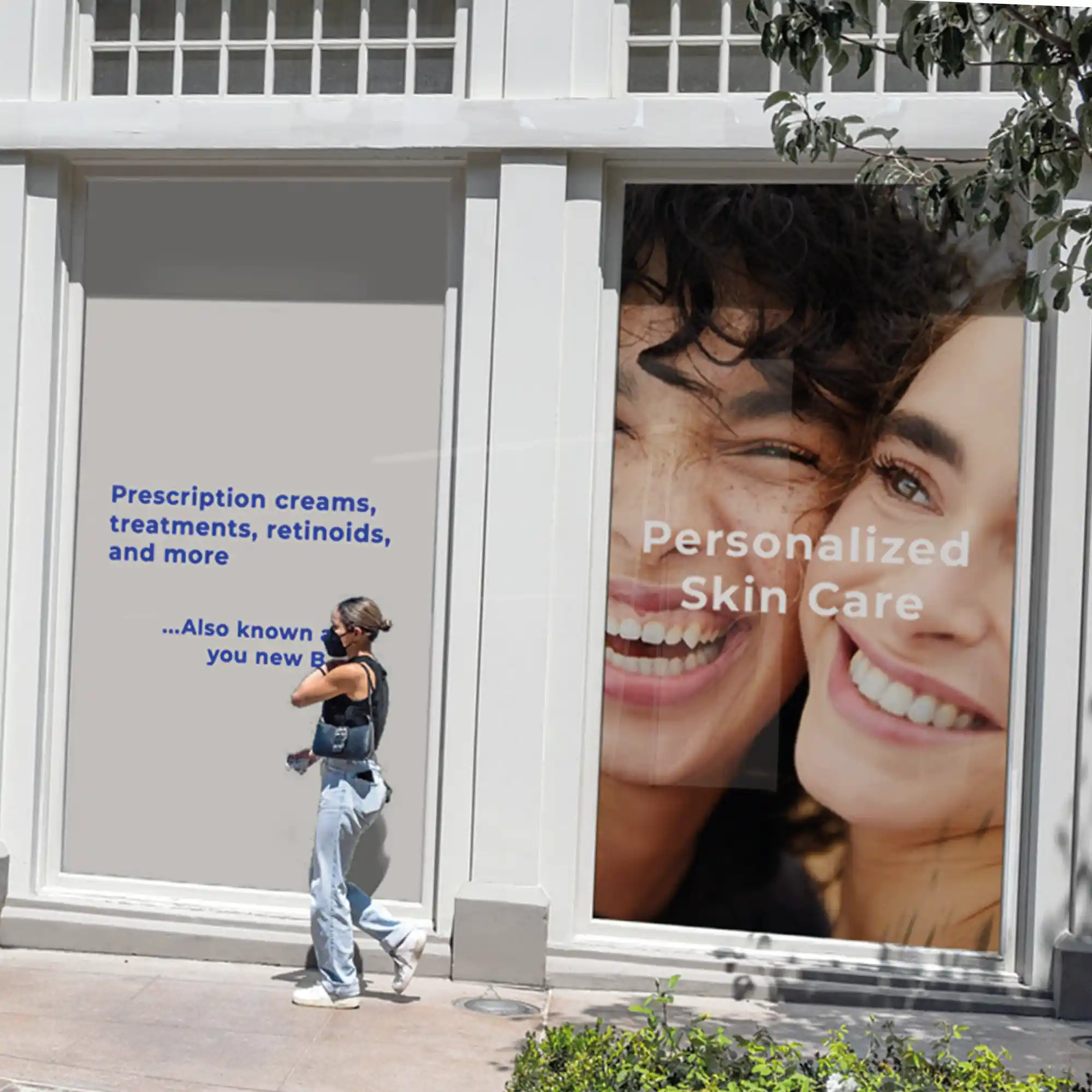 Mactac JT 8700 WG-RG grey opaque removable adhesive wide-format print film pictured here printed with "personalized skin care" promotional display poster advertising graphics and applied to large pharmacy shop front windows.