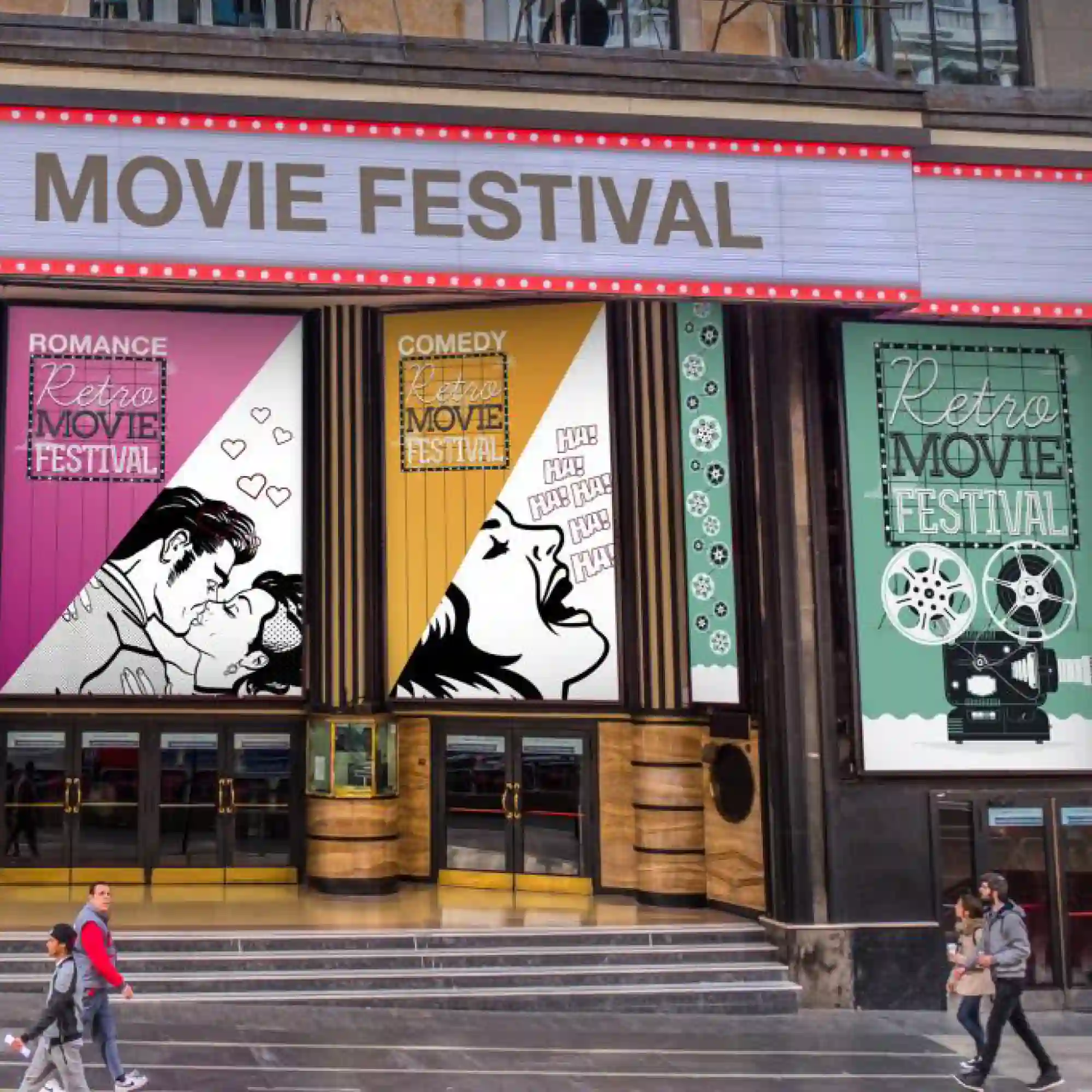 Mactac JT 8700 WM-RG fire-rated, opaque self-adhesive digital print vinyls are pictured here printed with pop art style promotional images depicting scenes from different film genres such as 'romance' and 'comedy' to promote a cinemas retro movie festival and are applied in super large format above the festivals' theatre entrance doors.