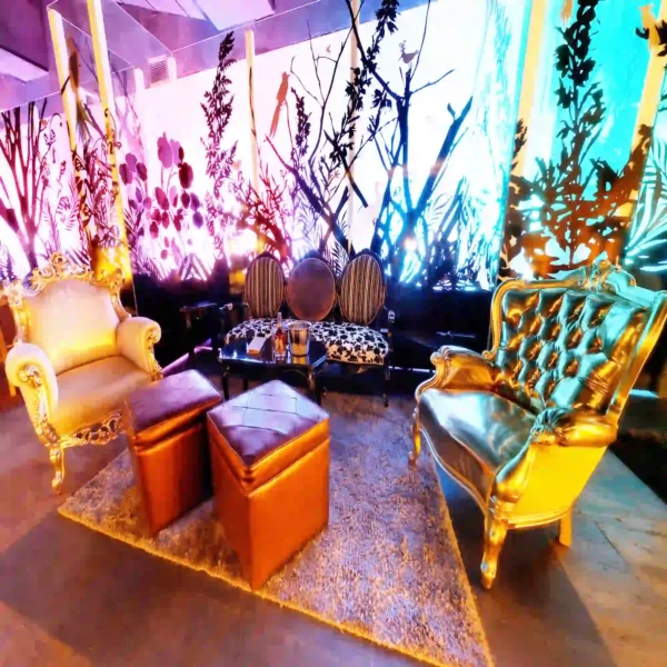 A stylish lounge area featuring luxurious, classic furniture bathed in soft daylight. Large windows are covered with Mactac JT9700 CG-BFT gloss clear window print film, showcasing vibrant, decorative prints. The sunlight streaming through the windows backlights the graphics, enhancing the printed colors and casting a warm, elegant glow throughout the room. The overall atmosphere is one of refined comfort and visual sophistication, where design and light interact seamlessly.