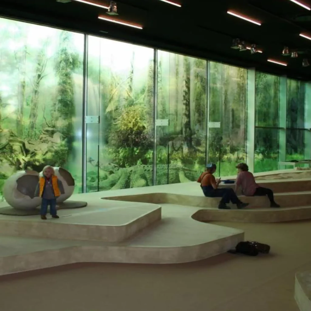Mactac LF 8700 CG-UV gloss graphics laminating film covering a large, wide set of internal windows that are printed with a decorative prehistoric rainforest scene, with the prnted self-adhesive film and lmainate allowing plenty of light from outside to filter into the rest room inside, while still providing obscurity/provacy for the people meeting there.