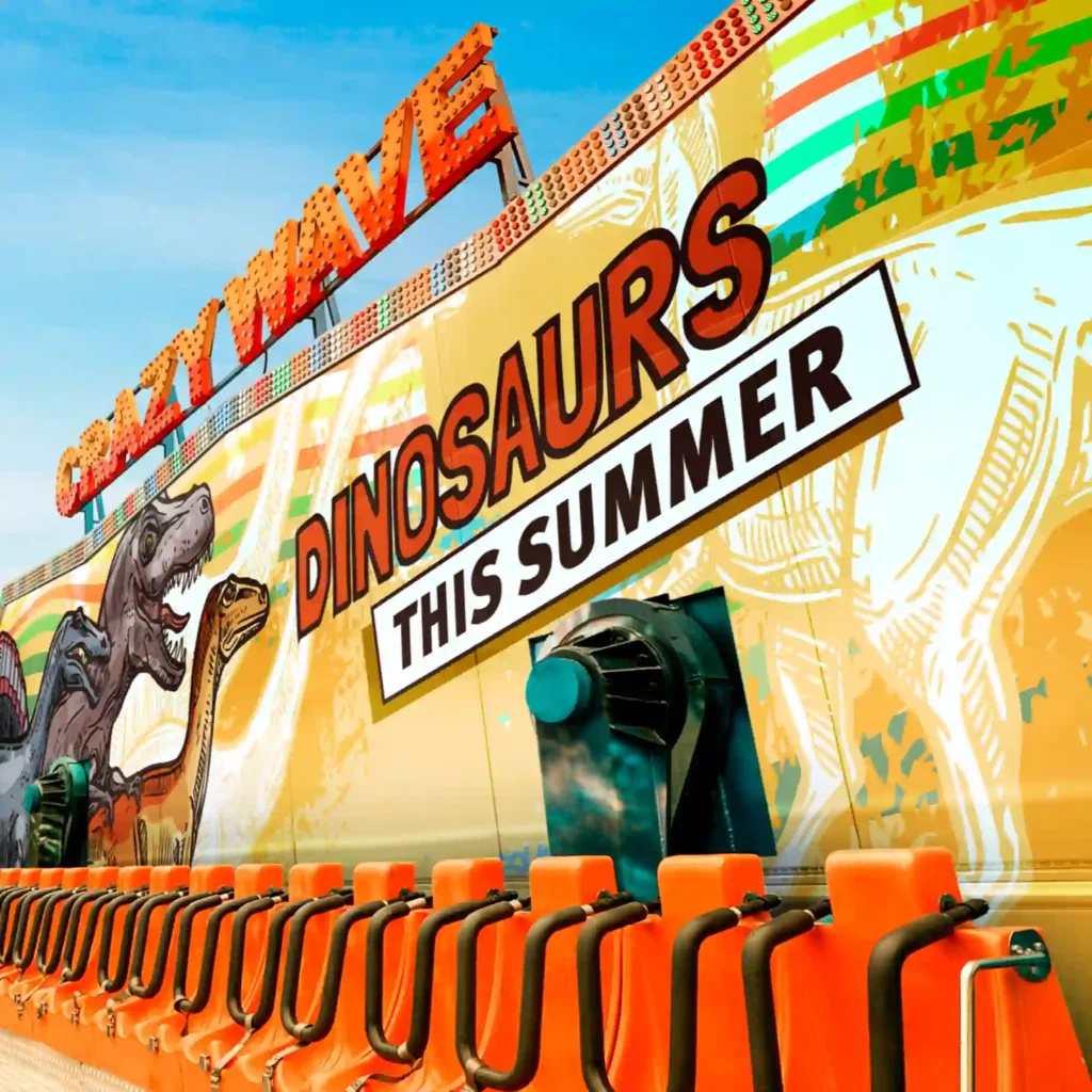 The range of Mactac monomeric graphics laminates for self-adhesive prints offer a range of different finishes with improved adhesion over UV digitally printed inks, which have been used here to protect fun-fair trailer print vinyls on a dinosaur-themed carnival ride.