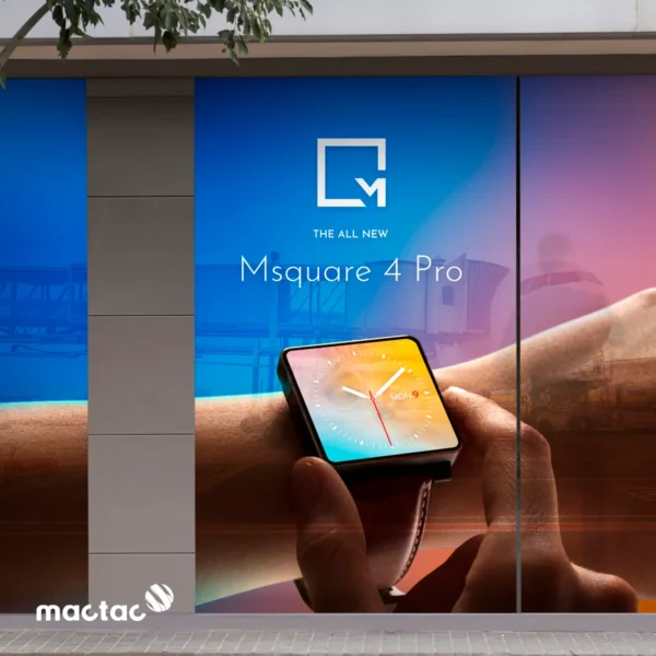 Mactac one-way vision graphics film, JT 7300 WG-PB 40, applied onto a large retail window with printed advertising fully covering the wide high street windows.