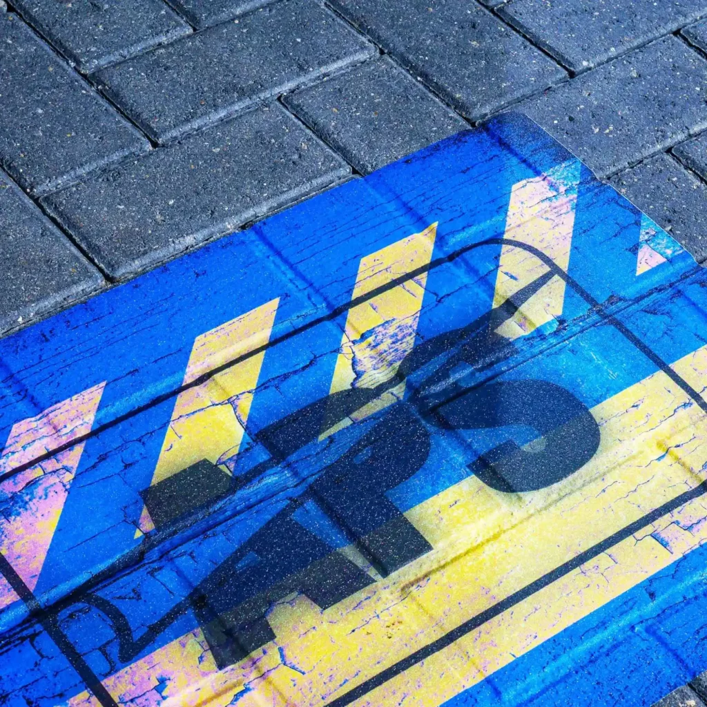 Mactac StreeLam floor graphic lamination film provding slip-resistance and prtection to this flooring print, printed with APS logo graphics and applied onto dark grey brick paving blocks outside an office building entrance.