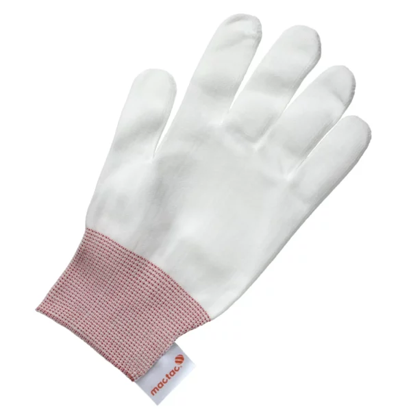 Soft, seamless white cotton glove for vehicle wrapping with a red and white pattern elasticated wrist and Mactac branded tag sewn into the elastic wrist.