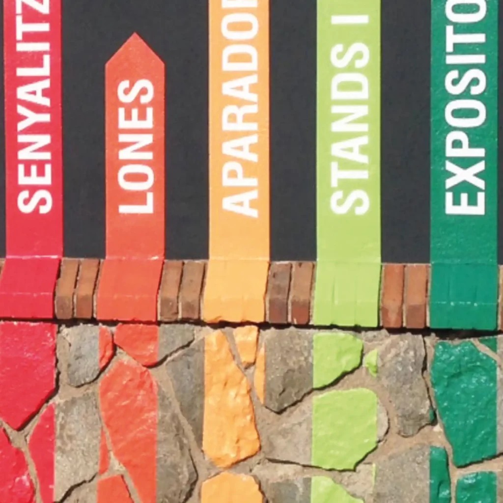 COnfomable print vinyls from Mactac's Wall Wrap Series of architectural print films have been applied to stone, brick, and textured surfaces, with the textual images designed as vibrant wayfinding signage featuring bright eye-catching primary rainbow colours.