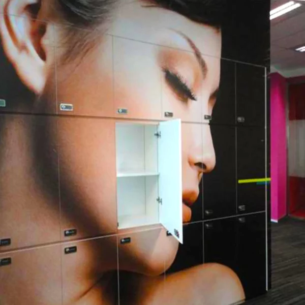 Large-format self-adhesive vinyl graphic printed on Mactac WW300 and applied to locker doors.