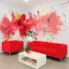 Wide-format wall graphic of red poppies printed on Mactac WW309 vinyl in a calming white and red colour themed waiting room setting.