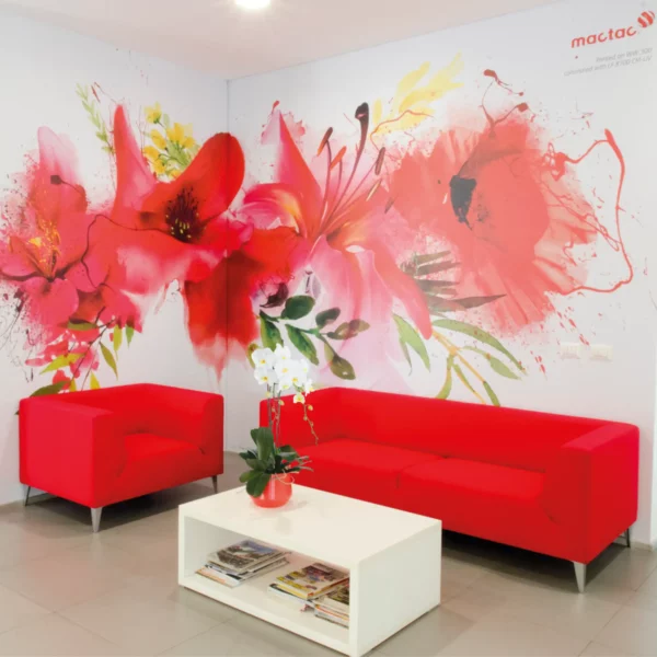 Wide-format wall graphic of red poppies printed on Mactac WW309 vinyl in a calming white and red colour themed waiting room setting.