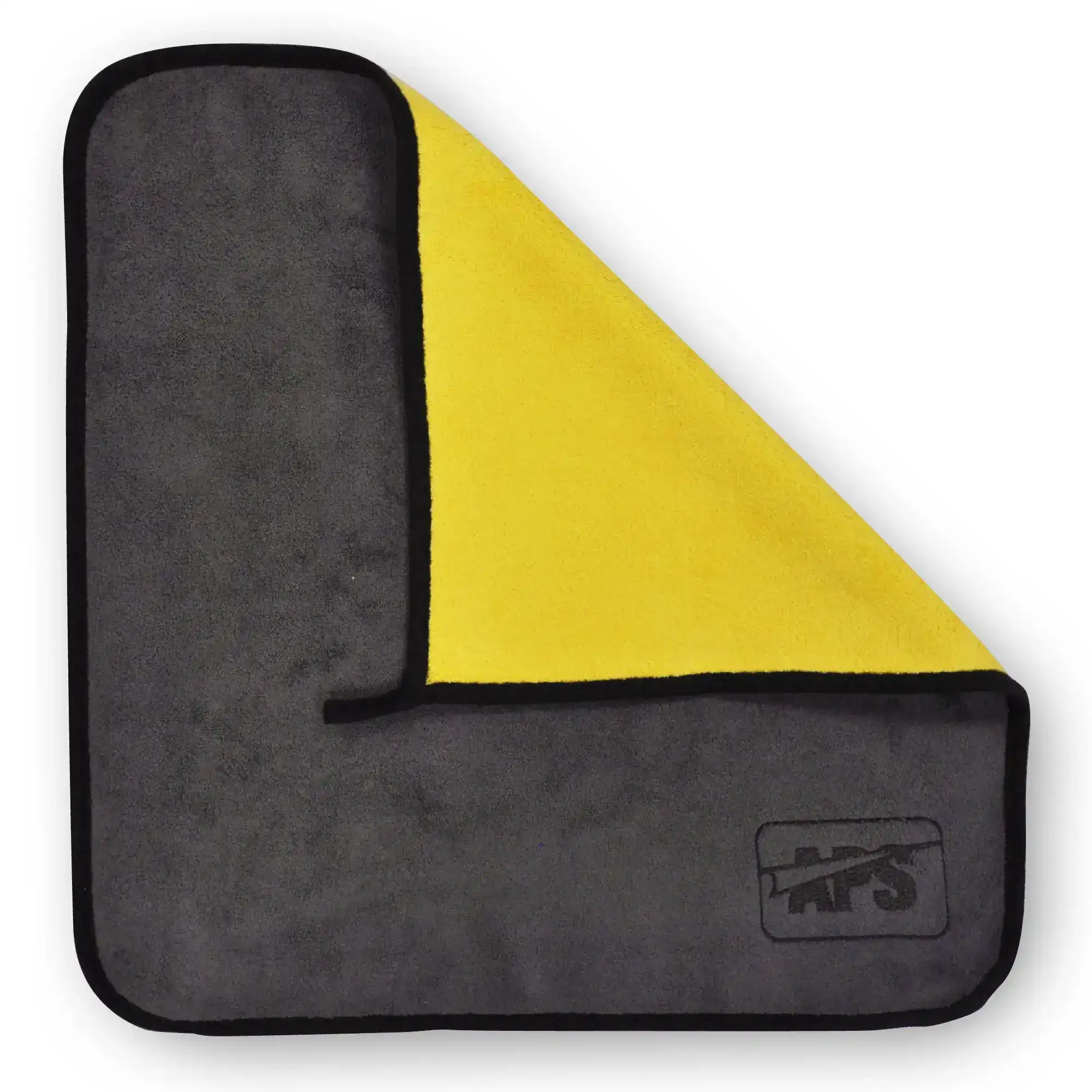 Soft, micro-fibre vinyl wrap cleaning and buff-up cloth. Yellow and grey coloured with an APS black branded logo in the bottom right hand corner.