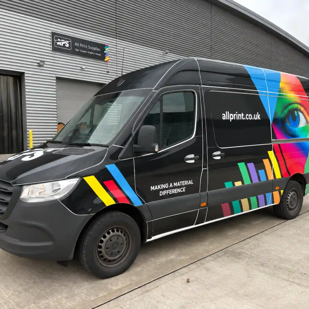 APS Mercedes-Benz Sprinter van featuring a modular vehicle graphics kit produced using DigiPrint DP5 printable vinyl and DG5 laminate, with colourful branding and a large eye graphic.