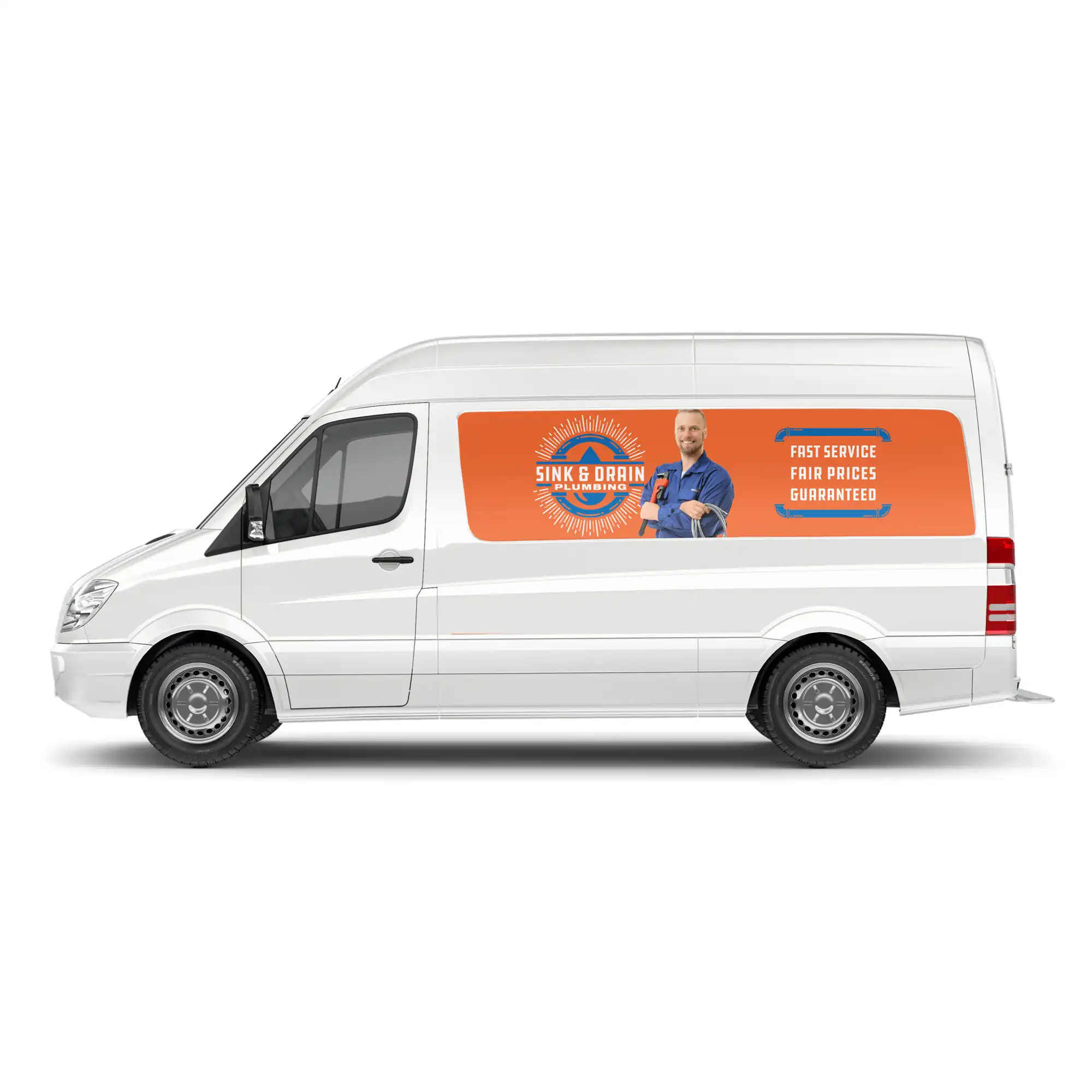 Avery Dennison MPI 2040 standard opacity print vinyl for self-adhesive outdoor graphic applications is applied to the side recess panel of this white van as advertising signage for a plumbing services.