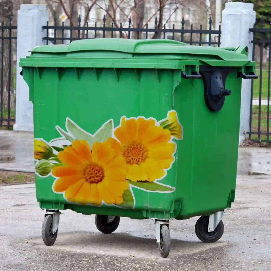 MPI 3026 Supertack high tack adhesive, specically formulated for stikcing graohics onto low surface energy plastic surfaces, such as this refuse bin.