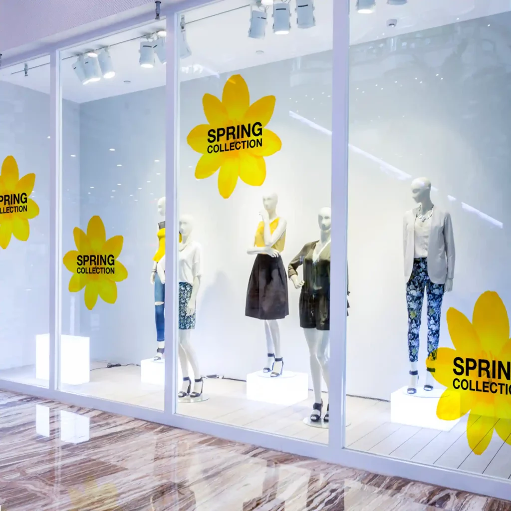 Avery Dennison MPI 3041 gloss clear print vinyl printed and applied to retail display windows to promote the shops SPRING COLLECTION.