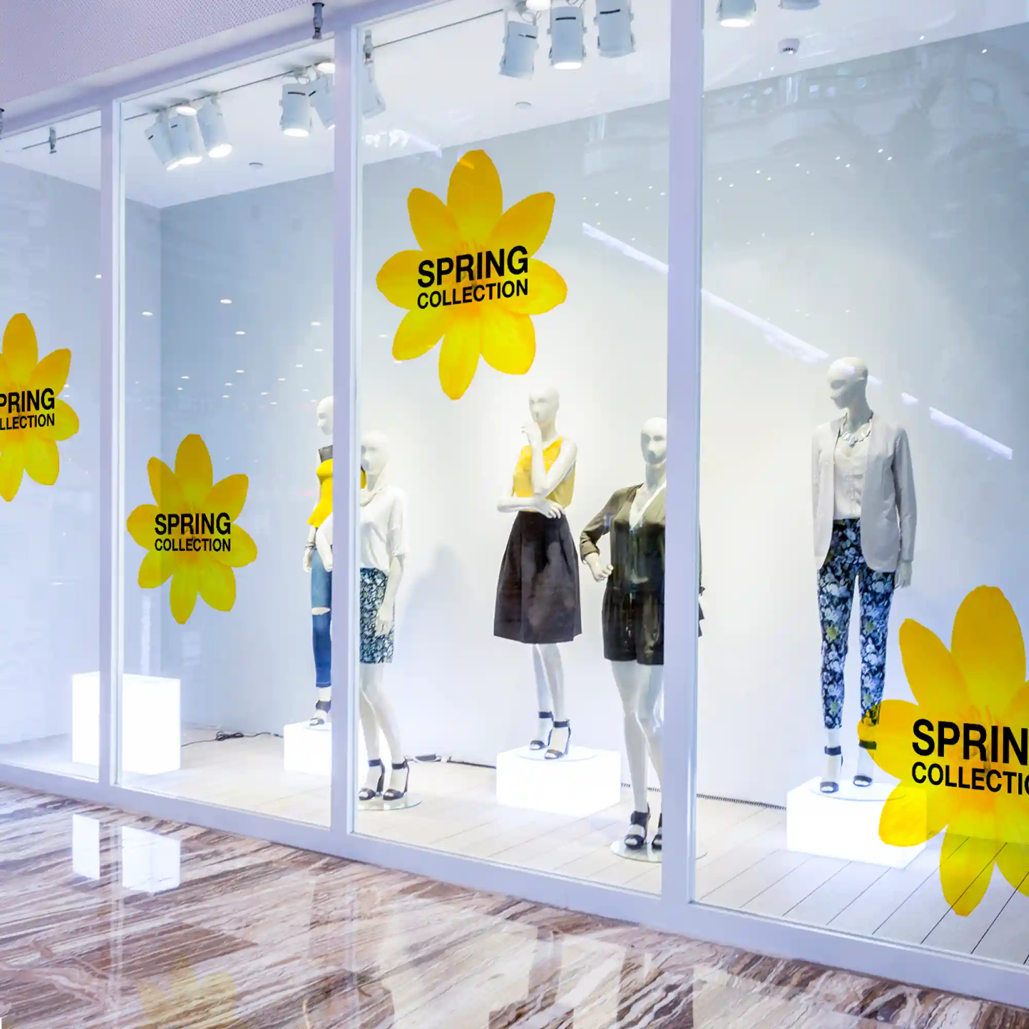Avery Dennison MPI 3041 gloss clear print vinyl printed and applied to retail display windows to promote the shops SPRING COLLECTION.