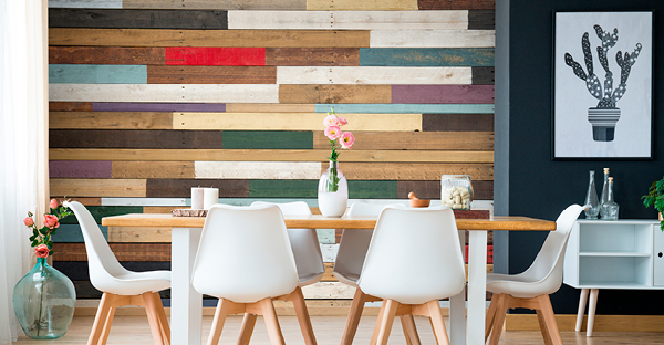 MPI 8726 offers 4 distinct textures in Stone, Canvas, Stucco and Wood Grain finishes. These 4 vinyl films are a part of Avery Dennison's MPI 8000 Wall Covering Series of self-adhesive films for decorative wall printing, shown here is the WOOD textured film printed with coloured planks giving a rustic but modern look to transform this dining area.