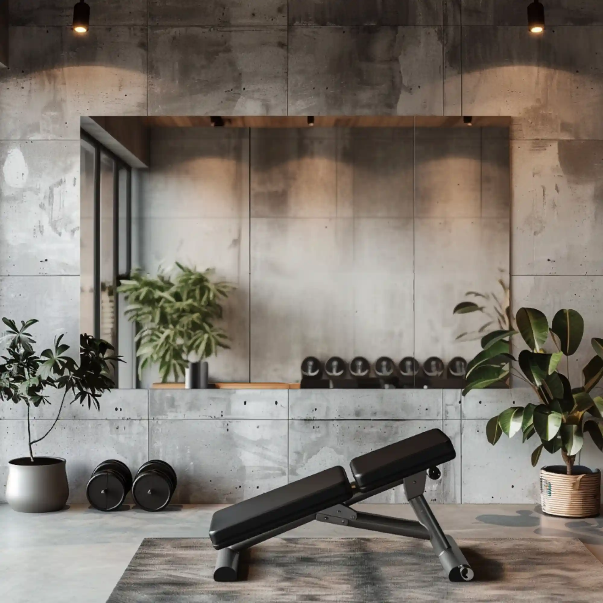 MS190, self-adhesive metallised silver mirror film applied to the wall of a personal workout room creating a large high gloss reflective total mirror wall.