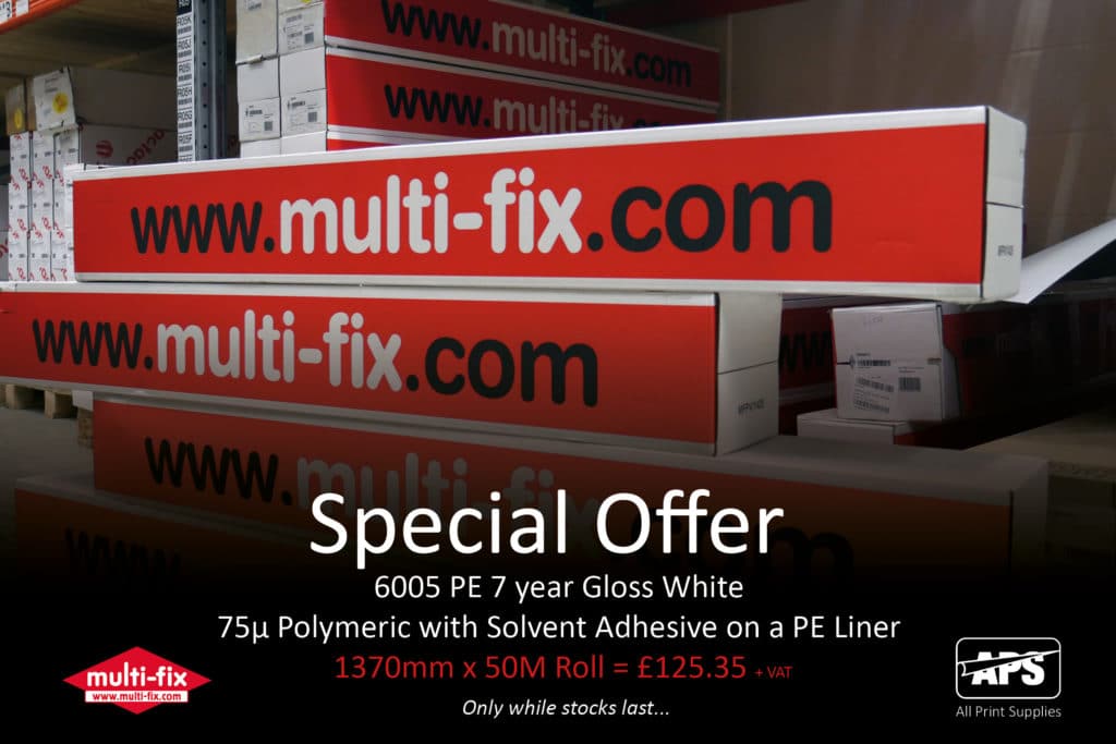 Multi-Fix print vinyls in bardned packaging on the shelf in warehouse waiting fro call-off from stock. Special Offer.