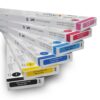 Nazdar 130 Series solvent ink cartridges stacked up on top of each other and viewed from off to the side showing the 6 different coloured carts, fron top to bottom; Light Magenta, Magenta, Light Cyan, Cyan, Yellow and Black inks for Solvent digital inket printers and compatible with SS21, JV33, JV300, JV150 printing machines.