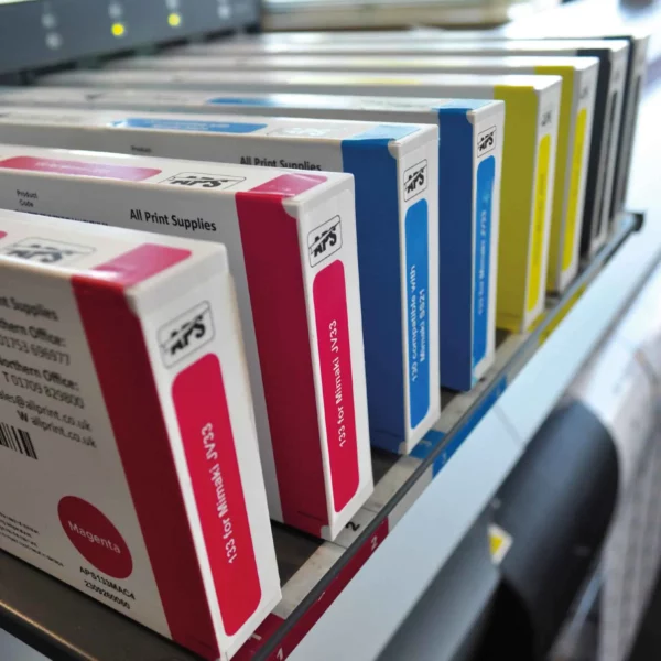 Nazdar 133 Series solvent ink for digital printers using SS21 ink in JV33 or CJV30 machines, pictured here are a full set of ink cartridges inserted horizontally. At the front shown in a row, from left to right; Magenta, Light Magenta, Cyan , Light Cyan, Yellow and Black carts.