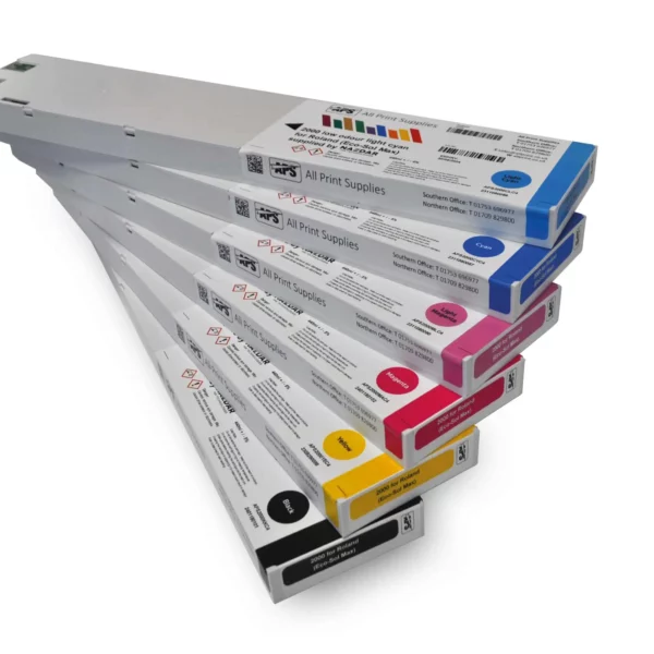 Nazdar 2000 Series solvent inks for Roland digital inkjet printers using Eco-Sol Max printing ink cartridges stacked together, on top is Light Cyan followed by Cyan, Light magenta, Magenta, Yellow and with the Black at the bottom of the pile.