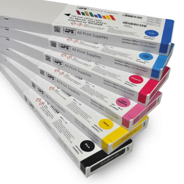 Nazdar SS21 digital solvent ink cartridges stacked on top of each other and slightly fanned out to show the 6 ink colours, from top to bottom; cyan, light cyan, magenta, light magenta, yellow and black.