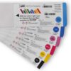 Nazdar digital solvent ink, 2000 Series cartridges, stacked on top of each and viewd from above. From Top to bottom: Light Cyan, Cyan, Light Magenta, Magenta, Yellow and Black carts branded with Nazdar and APS corporate graphics.