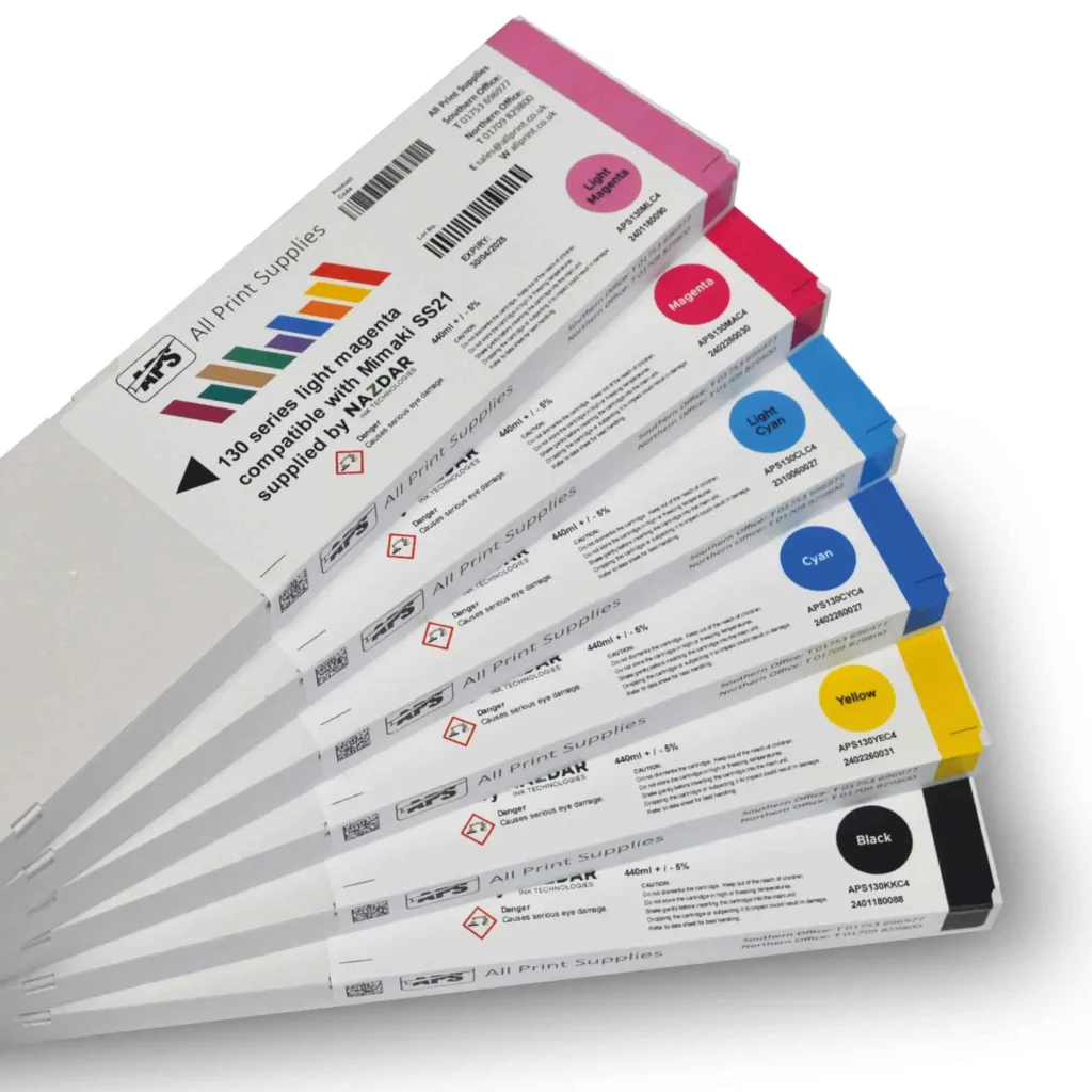 Nazdar solvent printer ink carts for wide-format digital inkjet printers that are compatible with SS21, JV33, JV300, JV150 printing machines. Nazdar 130 Series solvent ink cartridges are shown here stacked one on top of each other and viewed from above showing the 6 different colour inks, fron top to bottom; Light Magenta, Magenta, Light Cyan, Cyan, Yellow and Black cartridges.