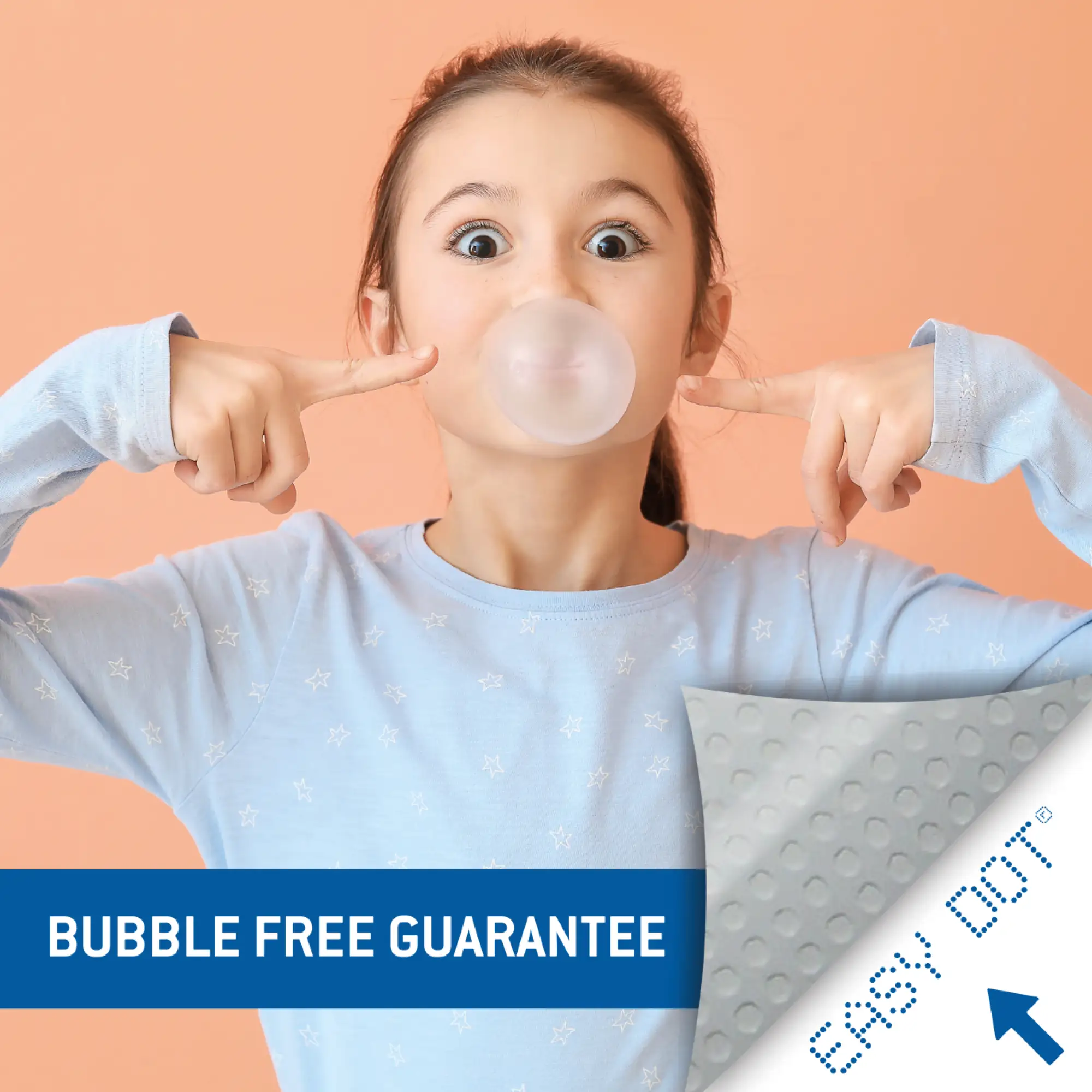 Neschen Easy Dot PET Matt L-UV film for bubble-free, easy-to-apply self-adhesive printed graphics, with the image showing a child blowing a chewing gum bubble and pointing to it wih the text 'bubble-free guarantee' below and an image of folded corner to show the adhesive dot pattern on the reverse side of the PET face-film.