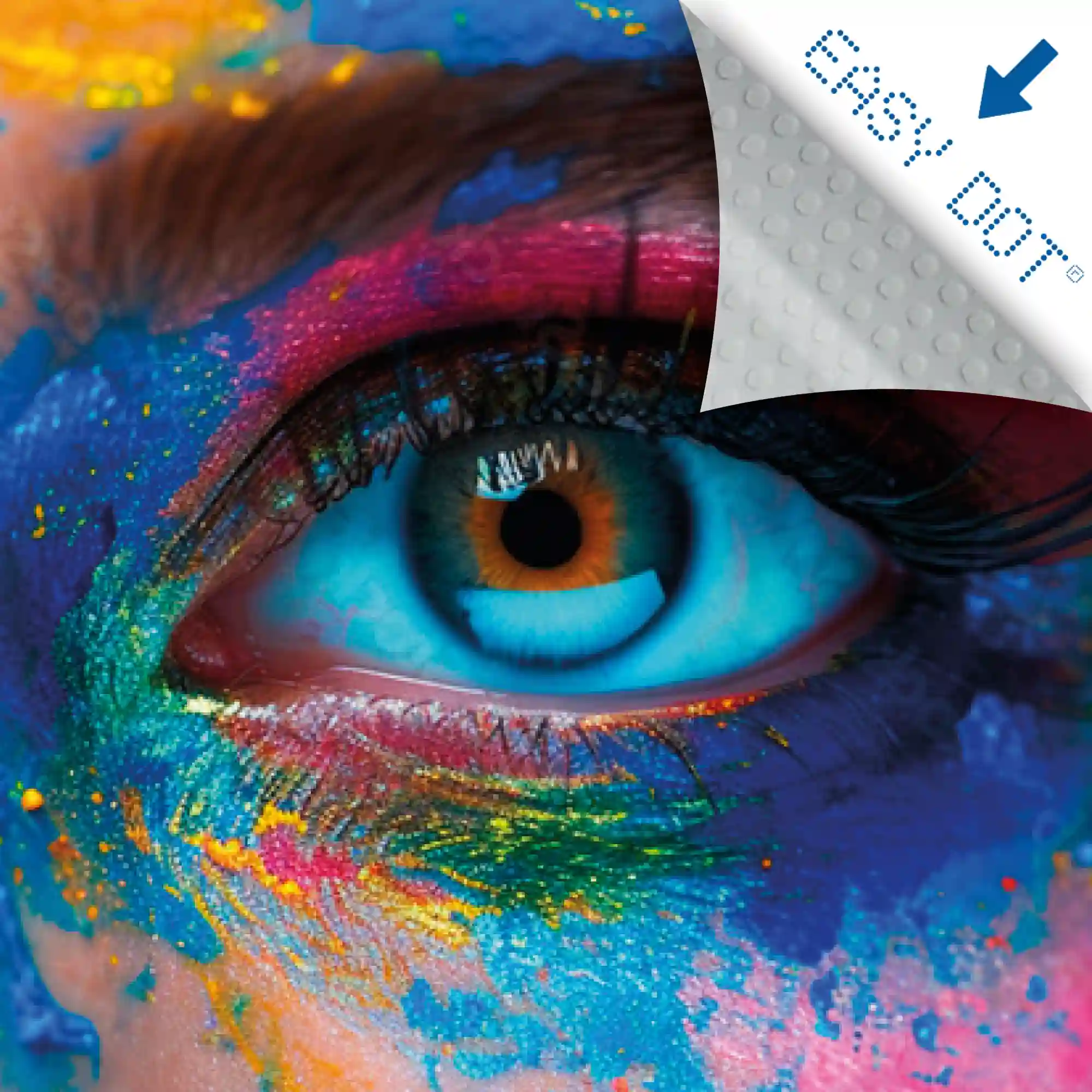 Easy-to-apply and reposition, Neschen Easy Dot film for standout visual display graphics and printed window designs, shown here with the brand's colourful paint-spatter eye close-up image.