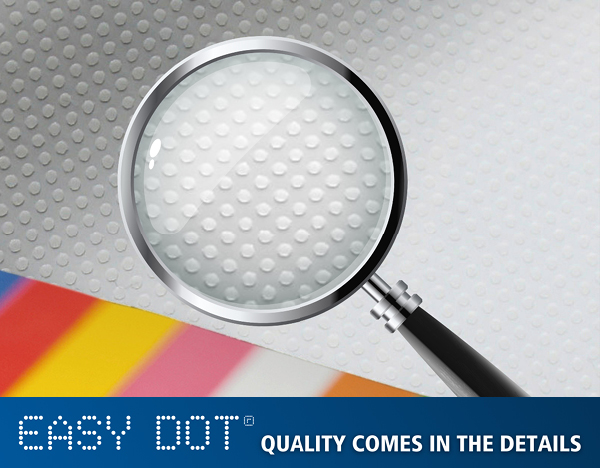 Nechen Easy Dot adhesive showing a magnifying glass to highlight the dot adheive pattern on the reverse side of the print film with the self-adhesive range strapline, "Quality Comes In The Details".
