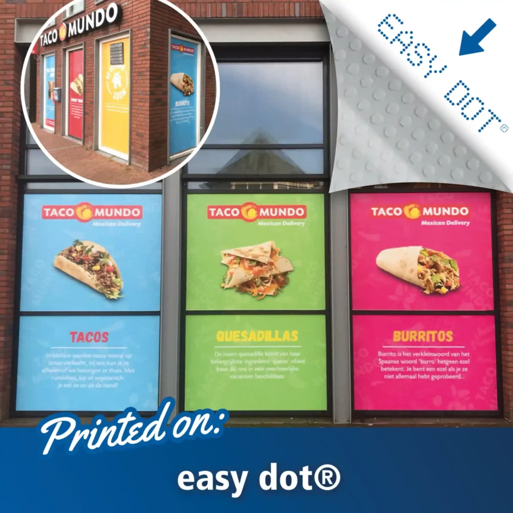 Neschen Solvoprint Easy Dot Matt Whiteout easy-to-apply and reposition print film for a Taco store with branded graphics applied onto windows and doors.