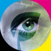 A vibrant, eco-inspired, leafy-eye graphic design with CMYK print colours surrounding the image on all corners that depicts NU-COAT's O-Series non-PVC range of self-adhesive films, highlighting eco-friendly printing quality and colour capabilities.