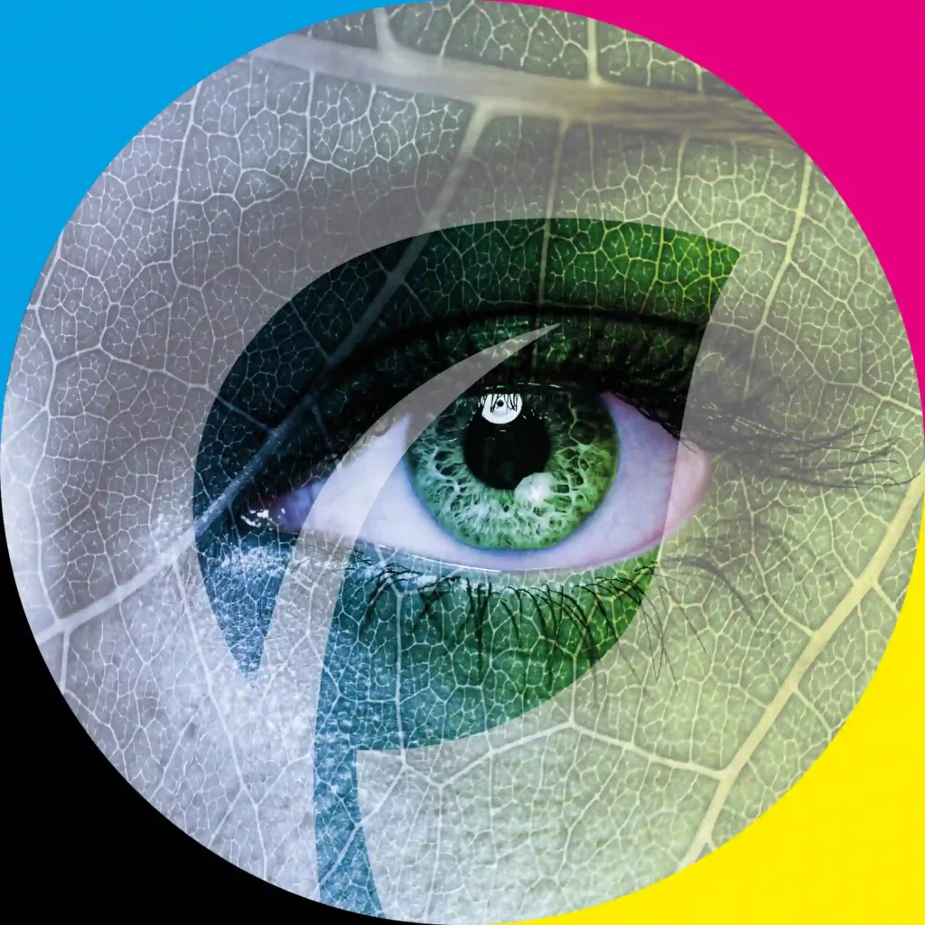 A vibrant, eco-inspired, leafy-eye graphic design with CMYK print colours surrounding the image on all corners that depicts NU-COAT's O-Series non-PVC range of self-adhesive films, highlighting eco-friendly printing quality and colour capabilities.