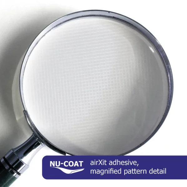 NU-COAT bubble-free 'airxit' X embossed adhesive pattern under a magnifying glass showing the detail of the cross-hatch pattern of the structured liner/adhesive that allows air to escape resulting faster and easier application of graphics with no bubbles.