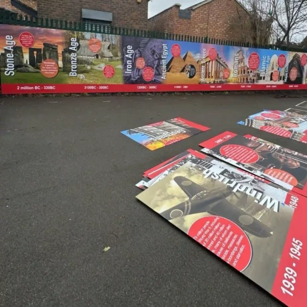 NU-COAT HighGRAB polymeric print films, self-adhesive mounted onto sturdy mounting sheets in the process of being laid out on the floor before being fixed to the exterior fence of a school playground, all the parts being printed with educational display board graphics that depict a historical timeline from the stone age to classical history era.