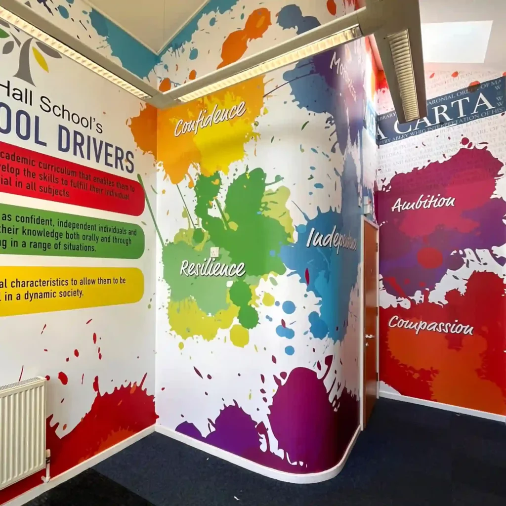 NU-COAT M11-P-P monomeric print vinyl applied to a school wall with educational and informational messaging for the students. Bright colourfull and cheery, these printed wall graphics offer a chance to inspire and educate!