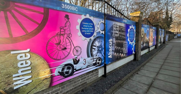 P12-H-P polymeric print vinyl for longer term printed self-adhesive graphic applications on flat or curved surfaces is used here applied to flat hoardings outside a school gates showing educational graphics.