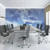 Wall decor prints on NU-COAT Scenic Wall media provides a choice of materials for bespoke printed designs used to decorate interiors spaces, such as has been tastefully applied to cover the back wall of this modern conference room.