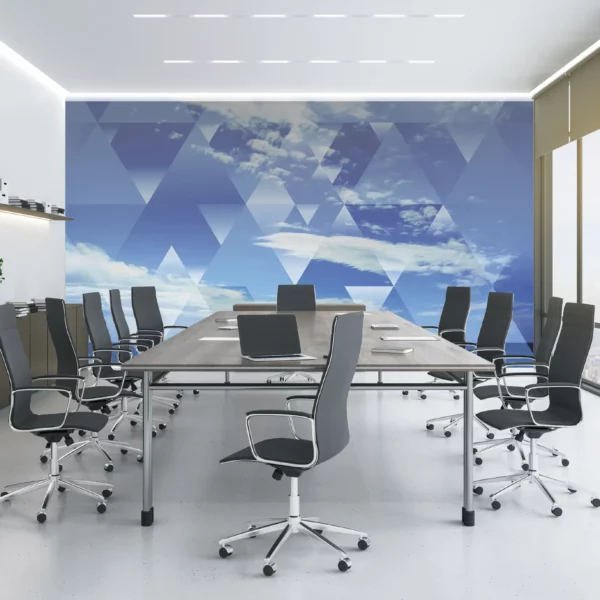Wall decor prints on NU-COAT Scenic Wall media provides a choice of materials for bespoke printed designs used to decorate interiors spaces, such as has been tastefully applied to cover the back wall of this modern conference room.
