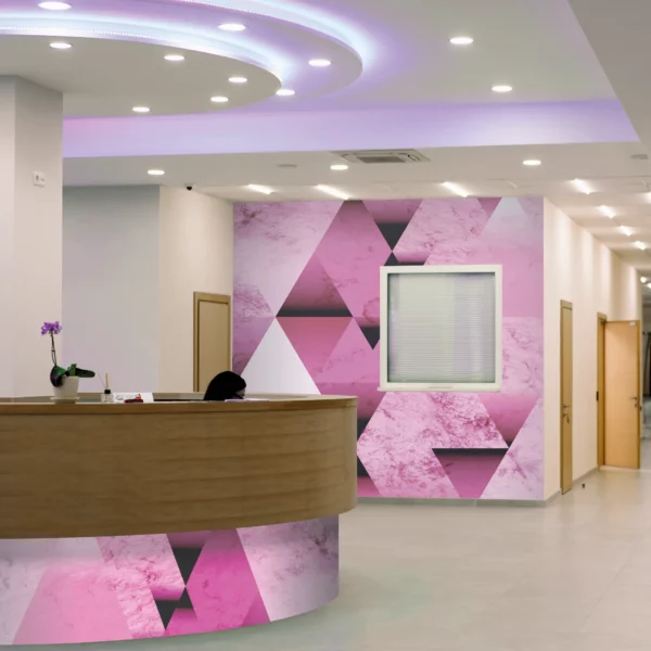 The 'Scenic Wall' Series of wallcovering products from NU-COAT are used to decorate interior spaces with custom printed wall graphics, such as used here to brighten up and modernise this hospital reception area and medical facilities.