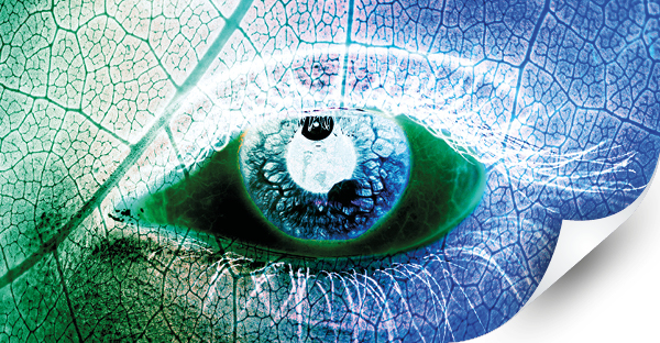 NU-COAT, Nu-Finish eco graphics laminate, O21-P-P is a self-adhesive non-PVC print protection film offering a more environmentally friendly option for wide-format prints. Shown here with the product branding eye with one corner of the image peeled back.