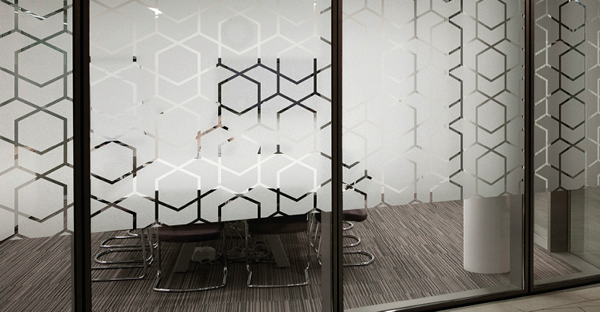 OC100 Opal Crystal self-adhesive glass effect window etch vinyl with decorative cad-cut shapes applied to a meeting room window adding creative style, and good privacy to the room from outside.