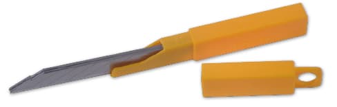 OLFA replacement 30 degree blades for the SAC-1 stainless steel slimline retractable knife, shown in the yellow plastic protective case they are supplied in.