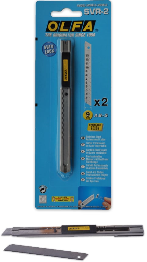 The OLFA SVR-2 stainless steel slimline knife with 45 degree snap-off blade is pictured below the light blue, OLFA branded packaging the knife is supplied in.