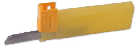 OLFA replacement 45 degree blades for the SVR-2 stainless steel slimline retractable knife, shown in the yellow plastic protective case they are supplied in.