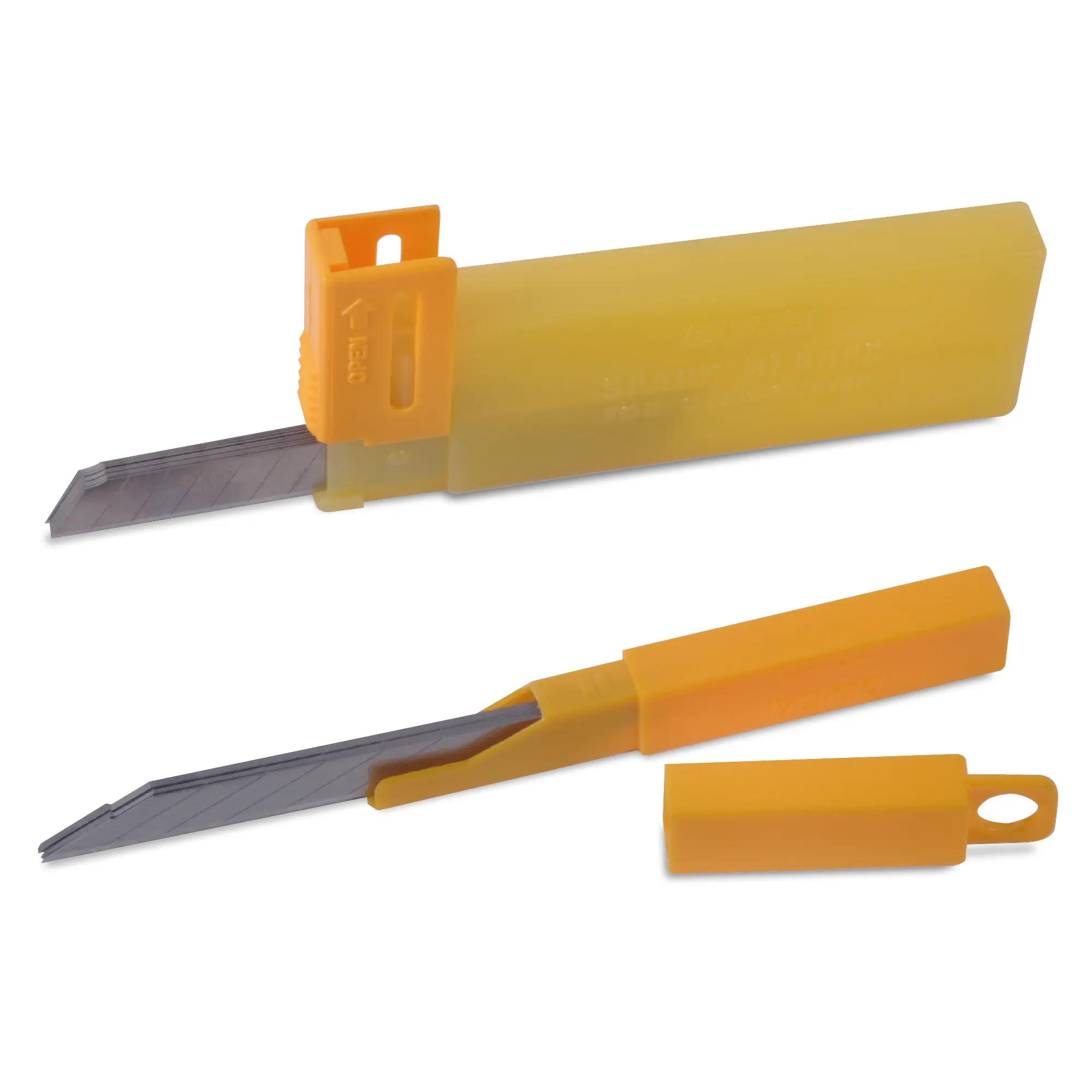 OLFA SAC-1 and SCR-2 replacement knife blades in their handy yellow plastic safety protective cases, with the packed blades on show as they protrude from their individual separate packs..