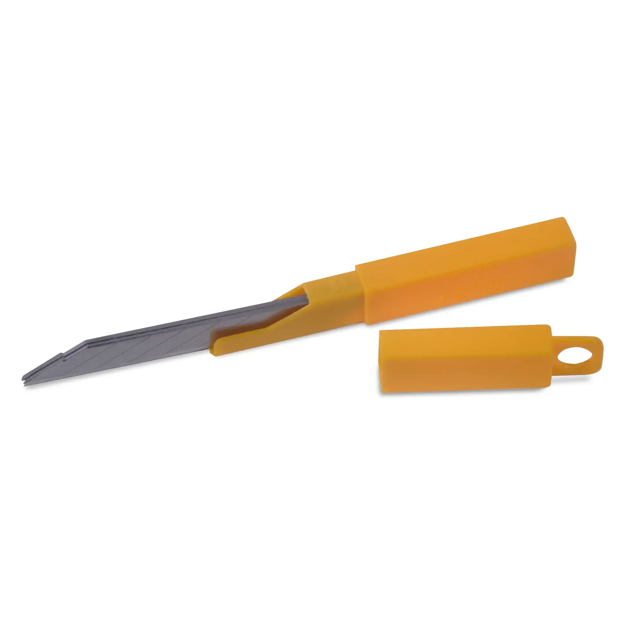 OLFA replacement 30 degree blades for the SAC-1 stainless steel slimline retractable knife, shown in the yellow plastic protective case they are supplied in.